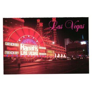 Harrahs Las Vegas Marquee  Night Lights Vegas Strip Vacation Vintage Postcard
